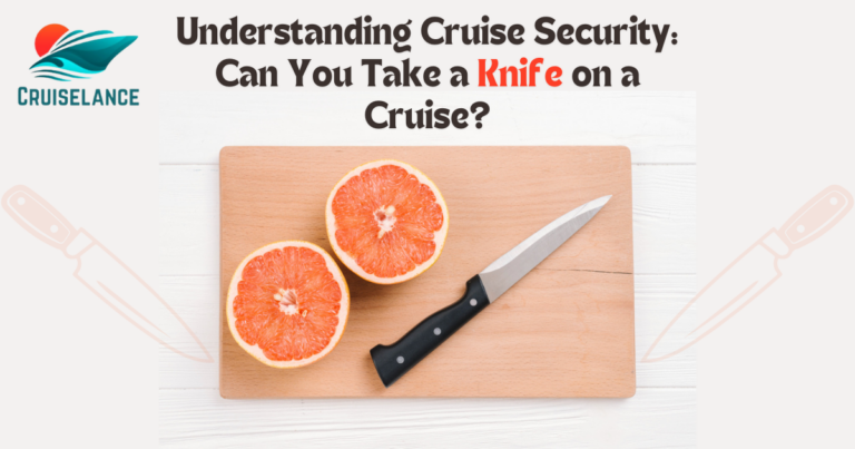 A wooden cutting board with two grapefruit halves and a knife, representing the question of whether knives are permitted on cruise ships.